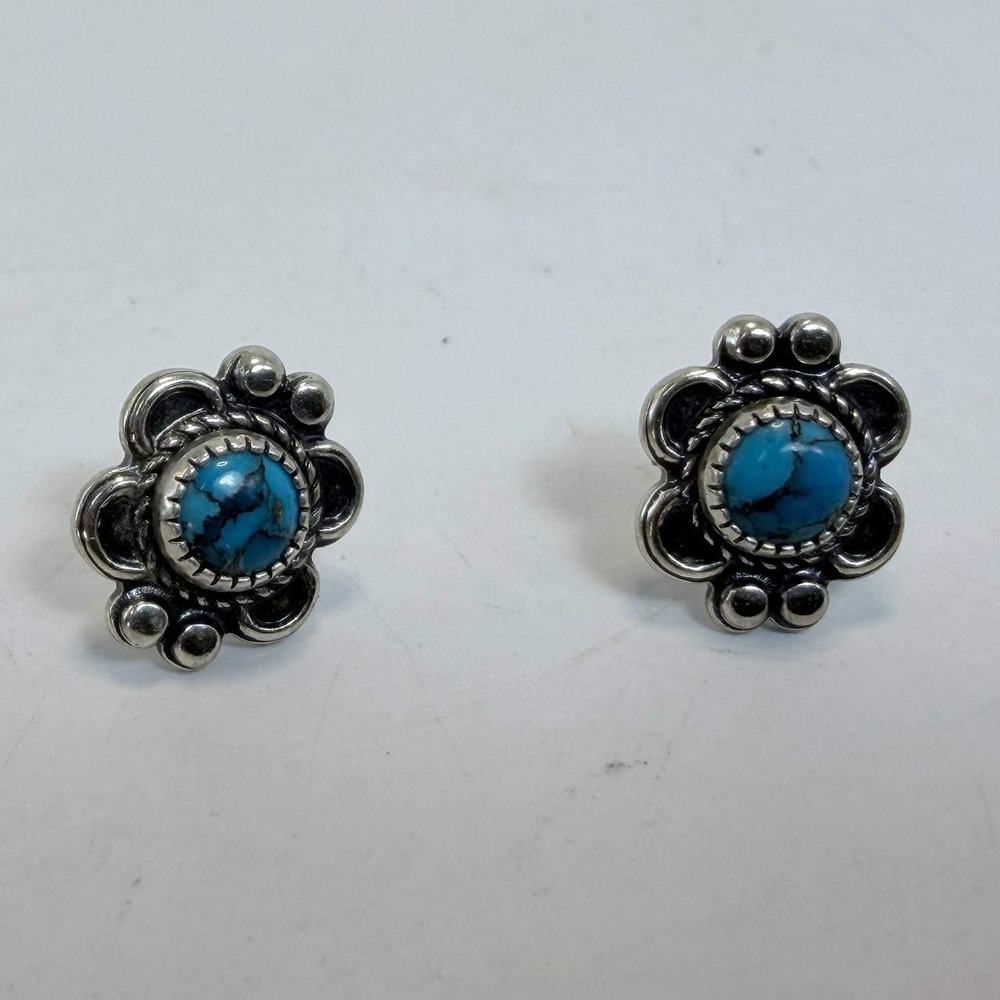 Vintage Sterling Silver Turquoise Flower Stud Earrings Southwestern Boho 925